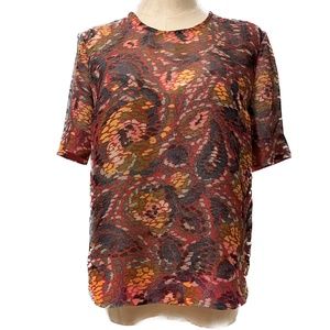 Alice + Olivia sheer red multi silk blouse with gold threads, Size S